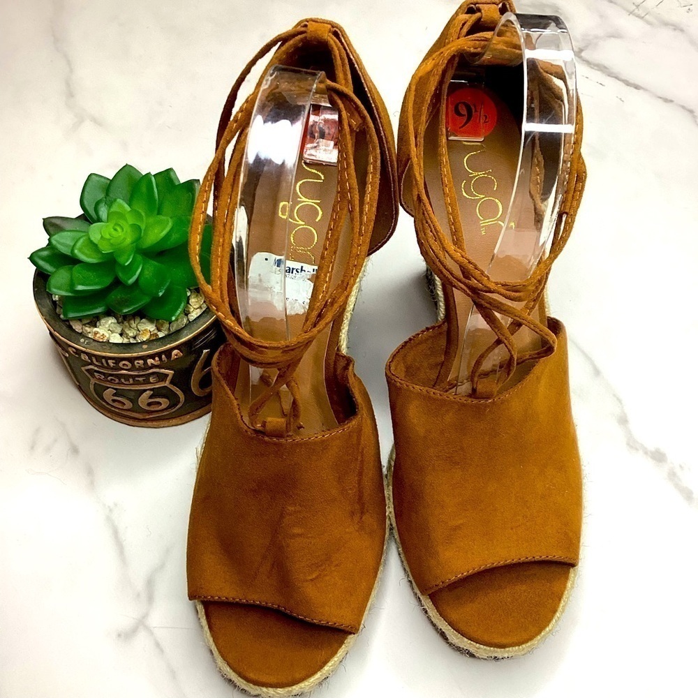 SUGAR SHAYLA SIZE 9.5 BROWN ESPADRILLE LACE UP WEDGE HEEL SHOES‎ SUEDE SUMMER